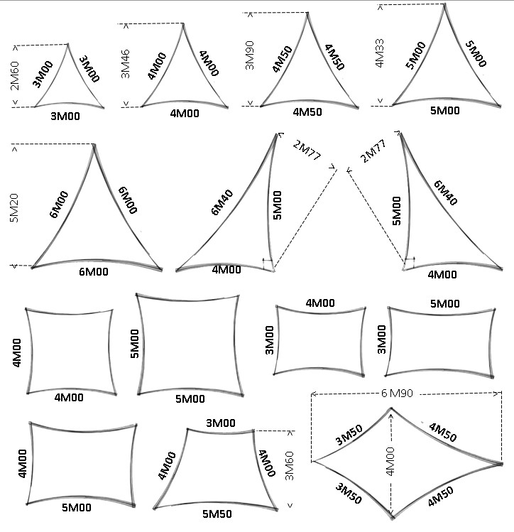 Croquis des voiles d'ombrage disponibles en dimensions standards